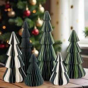 SUNBEAUTY 4Pcs Honeycomb Christmas Trees Vintage Paper Christmas Tree Decor 3D Honeycomb Trees Table Centerpiece for Xmas New Year Holiday Party Home Decor (Green, White)