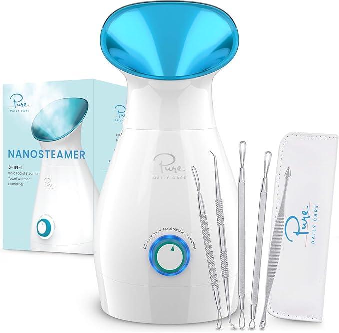 Pure Daily Care NanoSteamer Large 3in1 Nano Ionic Facial Steamer with Precise Temp Control  Humidifier  Unclogs Pores  Blackheads  Spa Quality  Bonus 5 Piece Stainless Steel Skin Kit (Teal)