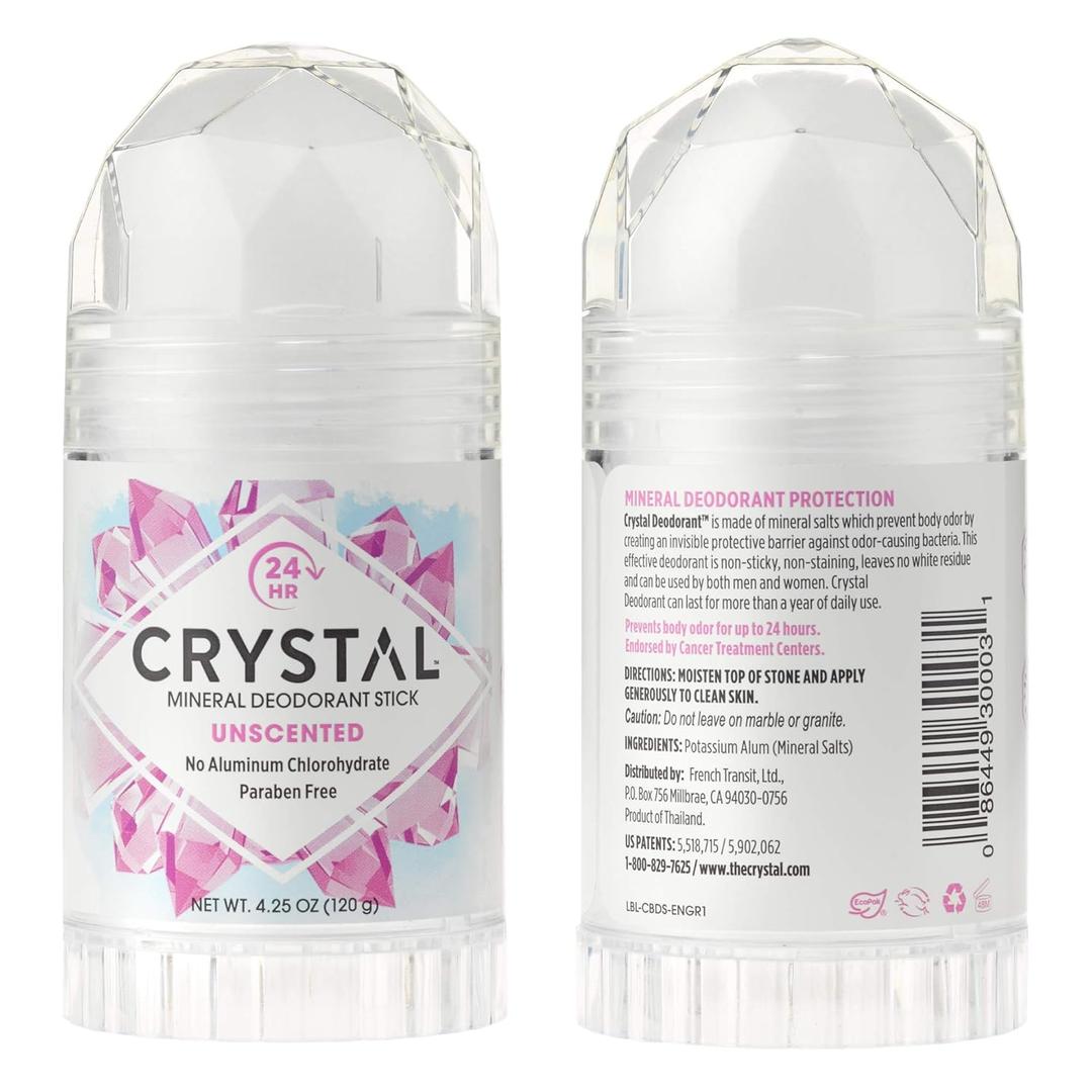 CRYSTAL Mineral Deodorant Stick - Unscented Body Deodorant With 24-Hour Odor Protection, Non-Staining & Non-Sticky, Aluminum Chloride & Paraben Free, 4.25 oz, (2 Pack)