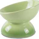 Ceramic Raised Cat Food Bowl, Tilted 15 Shallow Dish, Anti Vomiting, Safe, Microwave & Dishwasher Safe, Green