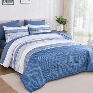 Drucon 7 Piece Striped Comforter Set Queen Size Light Blue Bed in a Bag, Soft Microfiber Complete Bedding Set with Sheets for All Season