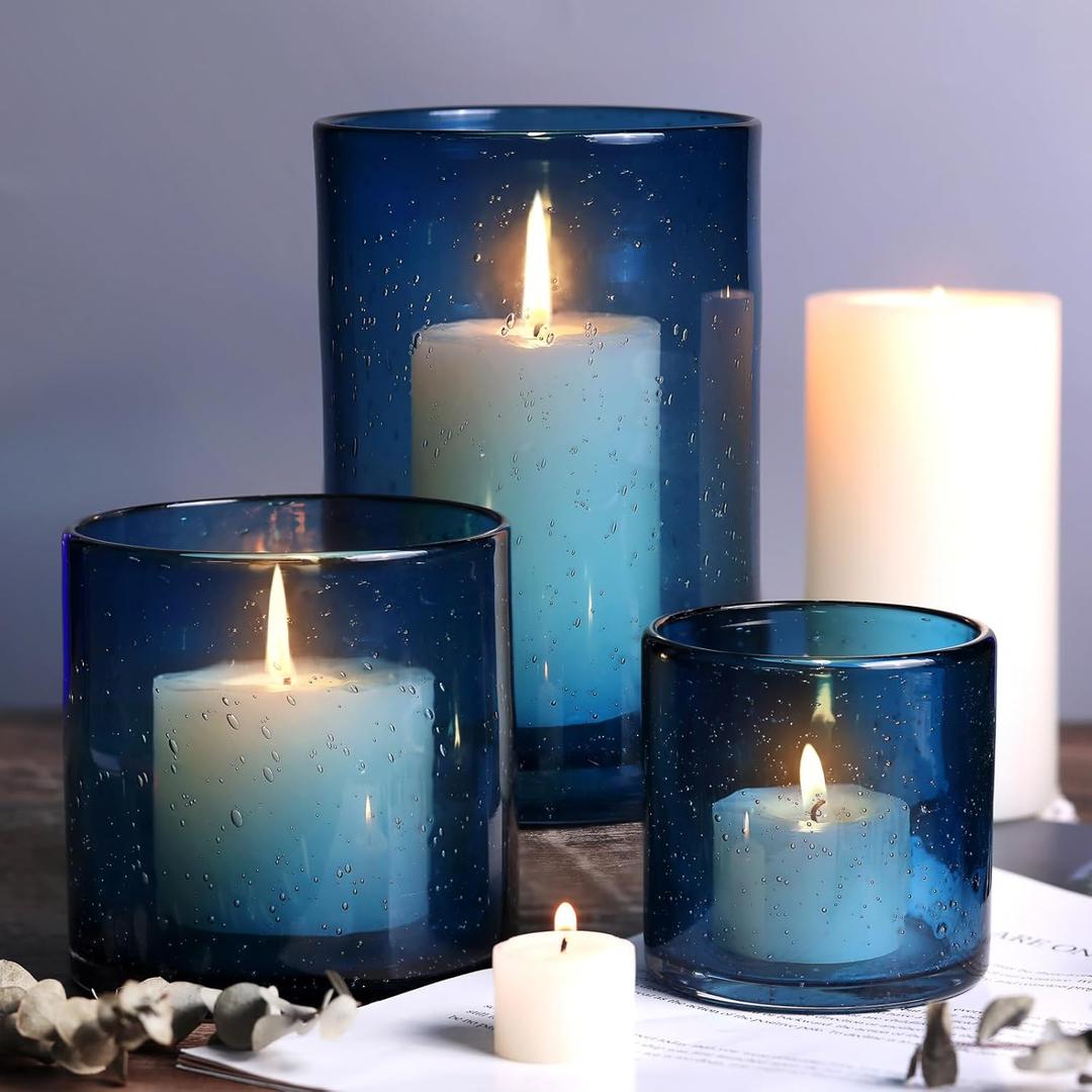Hurricane Candle Holder Set of 3 Blue Candle Holders for Pillar Candles, Seeded Bubbles Glass Candle Holder, Blue Glass Cylinder Vases for Table Centerpieces, Home, Patio and Wedding 8" 4.7" 3.5" (Medium)