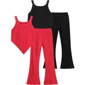 4 x 4 Piece Girls Heart-Shaped Clothing Sleeveless Ribbed Tank Tops and Flared Pants Summer Outfit 5-6Y (Red)