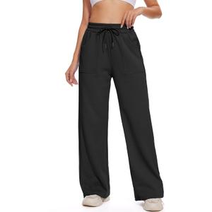 M MOTEEPI Womens Fleece Wide Leg Sweatpants Baggy High Waisted Winter Sweats Pants Straight Legs Athletic Pants with Pockets (X-Large, Black)