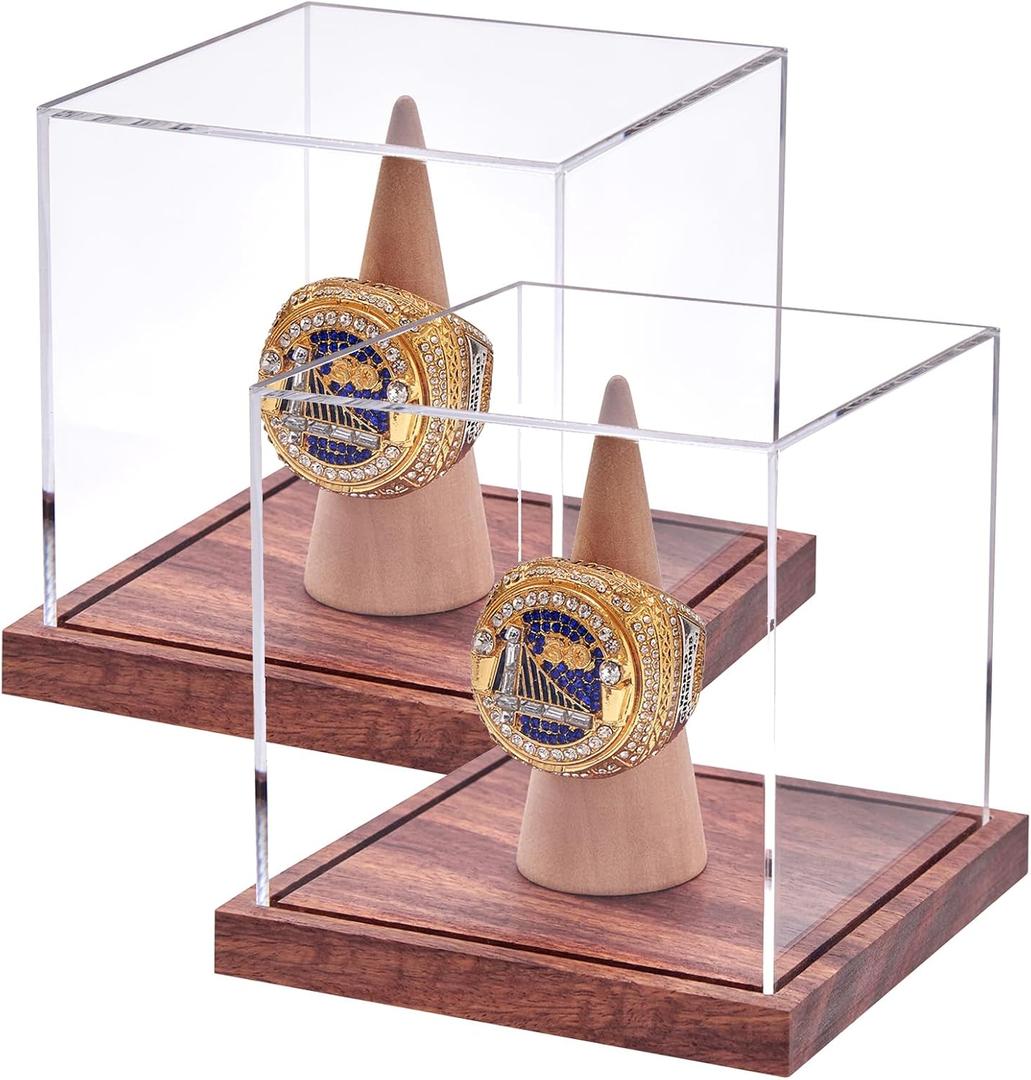 LITY 2 Pack Championship Ring Display Case, No Assembly Required Clear Acrylic Single Ring Holder with Wooden Stand Base for Sports Baseball Fan UV Protection