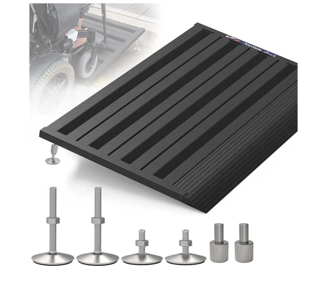 Threshold Ramp for Doorways, Adjustable Height 2.6"-6" Aluminum Wheelchair Ramp with Heightening Screws and Swivel Angle Leg, 1100lbs Load Capacity, 22”Wide Curb Ramp for Trolley,Power Chairs