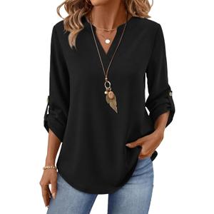 XIEERDUO 3/4 Length Sleeve Womens Tops V Neck T Shirts Both Side Buttons Blouses Business Casual Outfits Loose Fit (Black, XXL)