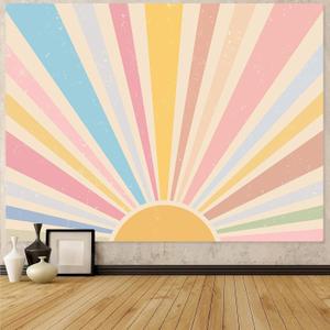 Zussun Boho Sun Tapestry Vintage 70s Sunset Sunrise Tapestries for Bedroom Aesthetic Retro Abstract Art Colorful Rainbow Classroom Tapestry Wall Hanging for Living Room Dorm (48" x 36") (Light Yellow)