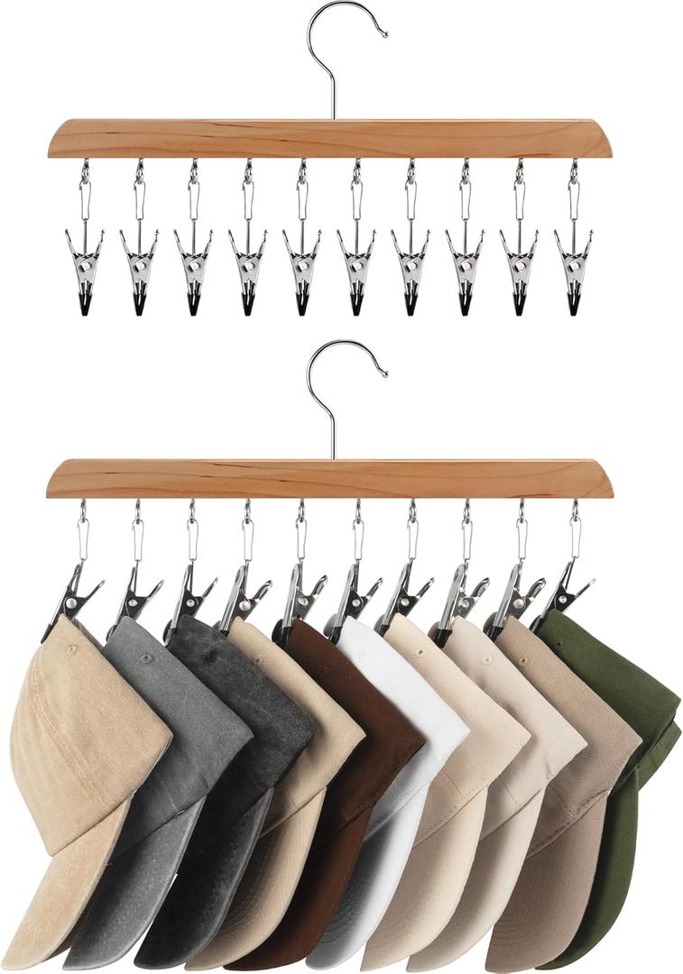 StorageWorks Hat Rack, Closet Organizer and Storage for Baseball Caps,Set of 2 with 10 Adjustable Stainless Steel Clips, Fits All Caps, Natural Wood Color (14"W x 7.5"H)