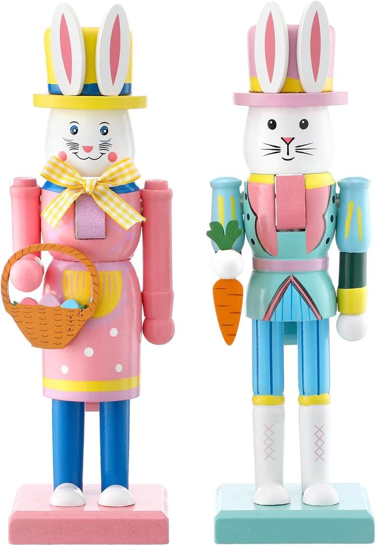 2 Pcs Easter Bunny Nutcracker 10 Inch Traditional Rabbit Wooden Nutcrackers Easter Wood Decorative Bunny Figurine Ornament for Tabletop Plaque Decor