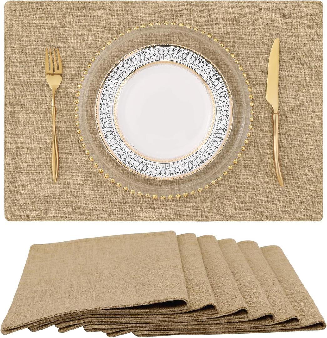 homing Cotton Linen Placemats Set of 6, Cloth Washable Farmhouse Dining Table Mats for Indoors & Outdoors, Easy to Clean, Linen, 13 x 19 Inch