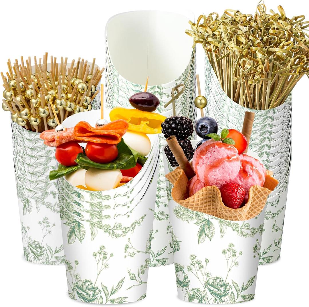 Tioncy 250 Pcs Charcuterie Cups with Cocktail Picks Sets, Bridal Shower Decoration 50 Charcuterie Cups with 200 Sticks for Wedding Baby Shower Floral Boho Witch Party Decorations (Green, Flower)