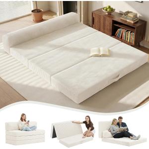 6 inch Tri-Folding Mattress Queen Futon Sofa Bed, Convertible Foldable Mattress Foldable with Removable Cushions & Washable Cover, Floor Mattress Small Couch Bed Living Room, Queen, Beige