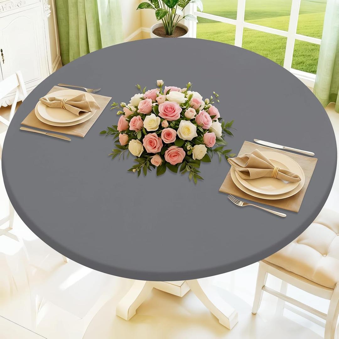 Moosfor Round Spandex Tablecloth, Elastic Fitted Waterproof Tablecloths for 45"-56" Tables, Stretch Washable Picnic Table Cover for Camping, Dining, Indoor and Outdoor, Grey