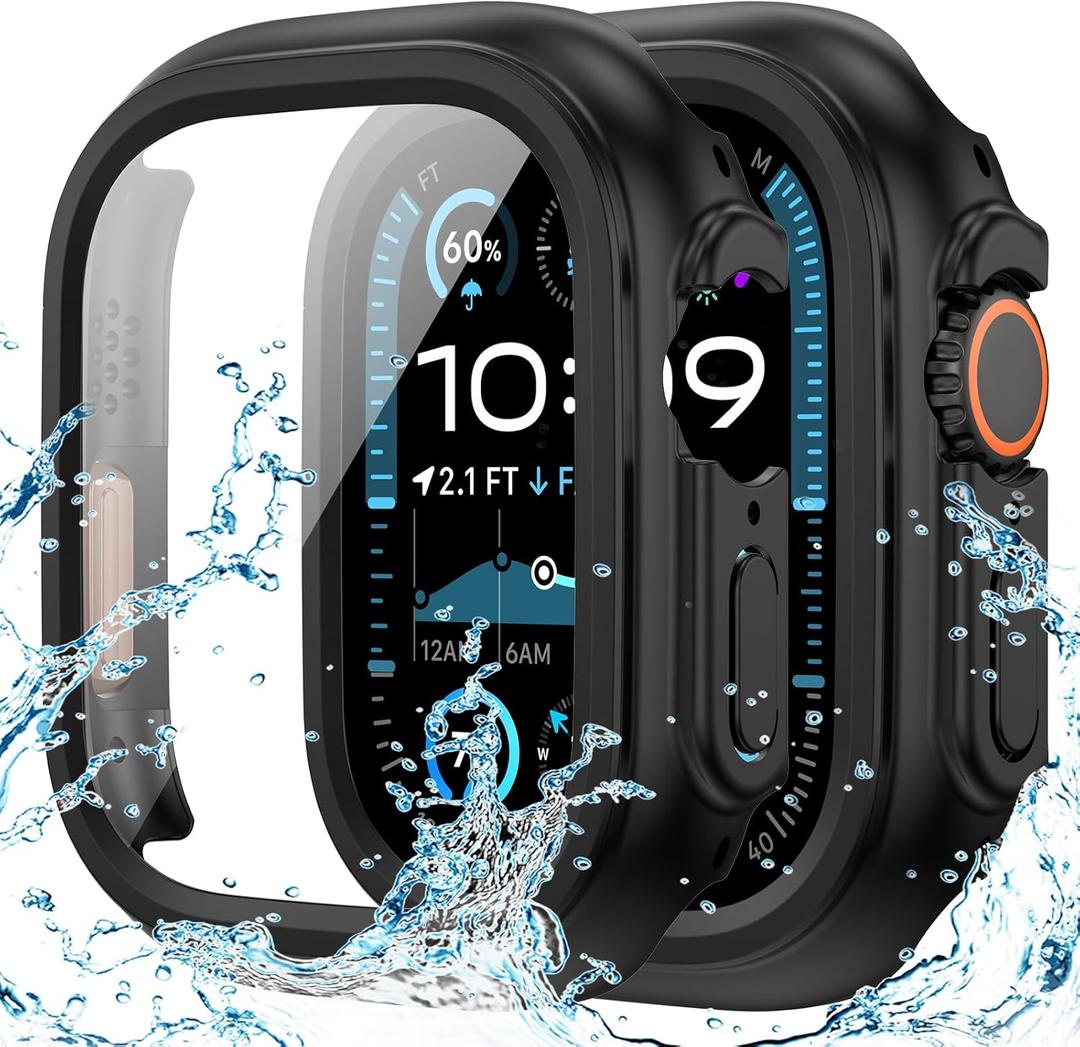 Goton Waterproof Case Compatible for Apple Watch Ultra 3/2/1 Screen Protector 49mm, Hard Bumper with Tempered Glass for iWatch Cover 49 mm (Black)