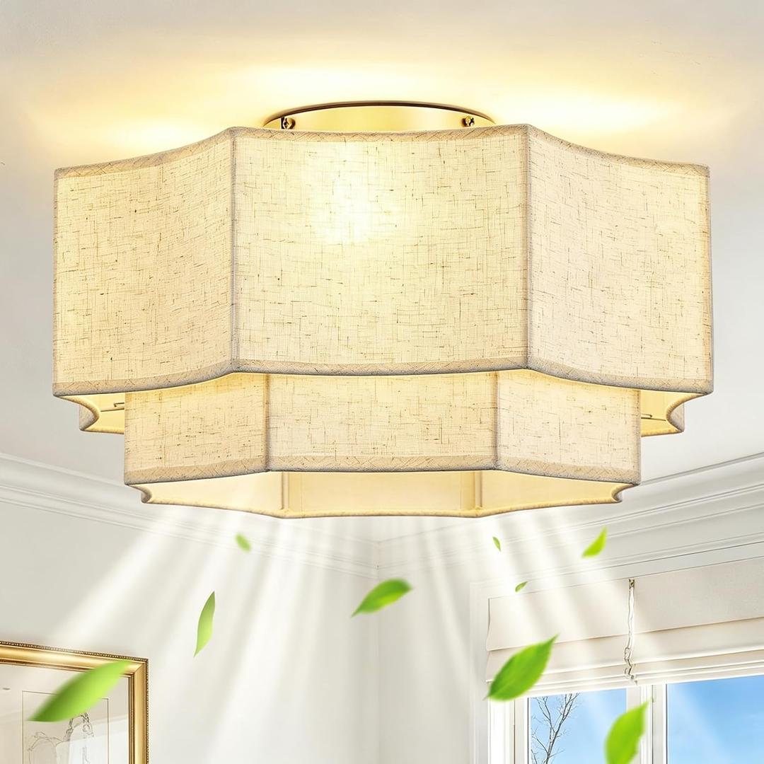 RUIYEY Remote Ceiling Fans with Lights: 20" 2-Tier Fabric Caged Flush Mount Ceiling Fan, 7 Blades 6 Speeds DC Reversible E26 4 Light Modern Low Profile Fandelier for Bedroom Kitchen Living Room