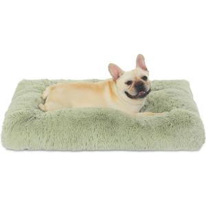 Bedfolks Waterproof Crate Bed, Plush Pad With Removable Cover, Faux Fur for Medium Dogs, Fluffy Washable Kennel 29"x21", Sage Green
