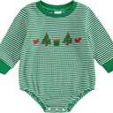 ZAXARRA Baby Christmas Sweatshirt Romper Striped Waffle Knit Jumpsuit Christmas Tree Embroidery Cute Boy Girl Holiday Outfit 3-6M