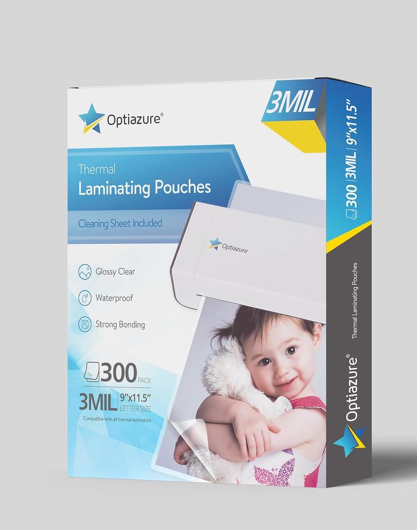 Optiazure Thermal Laminating Pouches 9"x11.5" Inches, 3mil 300Pack, Clear, Letter Size