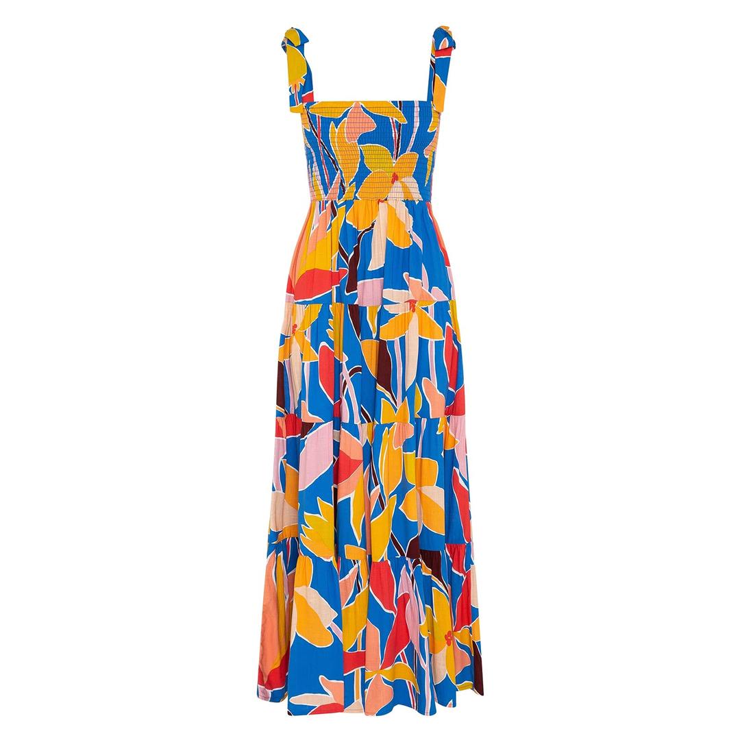 Prinbara Women's Summer Midi Dresses Sleeveless Square Neck Sundress 2026 Flowy A Line Boho Spring Wedding Guest Party Dress Blue Yellow Floral Large