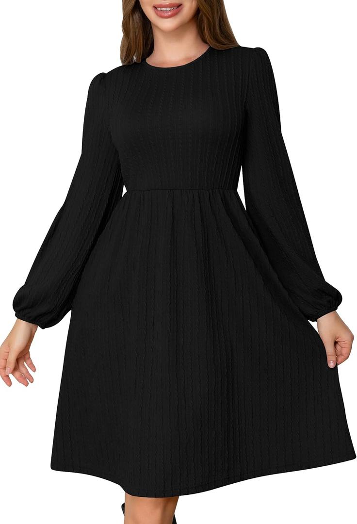 MarryUP Women's Fall Knit Sweater Dress V Neck Cute Balloon Long Sleeve A-Line Swing Casual Mini Wedding Guest Dresses with Pockets Black, Size L
