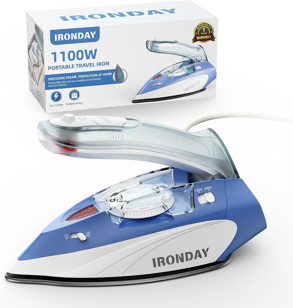 1100W Mini Travel Iron with Steam for Clothes with Dual Voltage, 2.7oz Water Tank,Temperature Control, Non-Stick Soleplate, Folding Handle,Portable Small Iron for Sewing,Quilting and Handcraft
