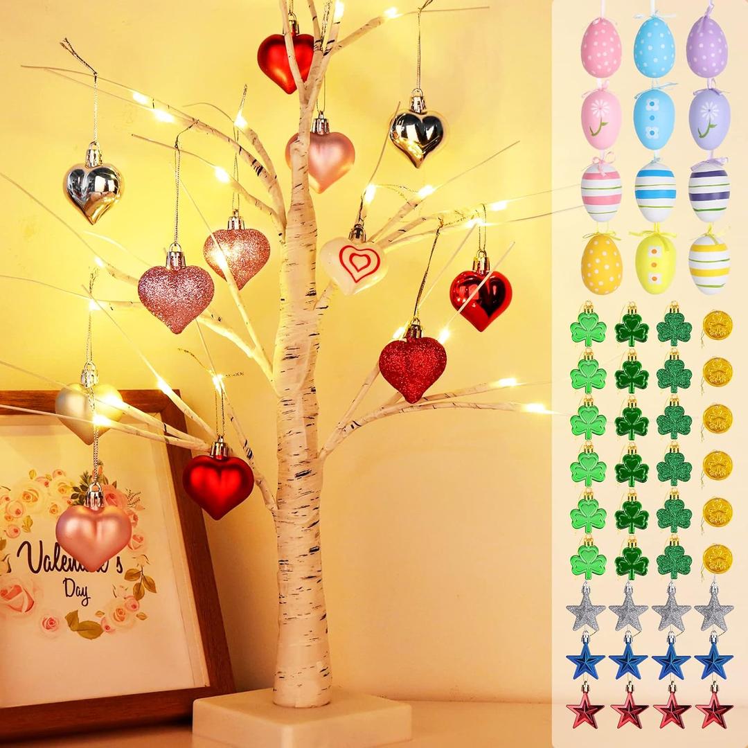 Valentines Day Decor 23.2" Lighted Birch Tree with 60pcs Ornaments Set for Valentines, St Patricks, Easter, 4th of July, Cute Heart Shamrock Easter Egg Stars Tree Decorations for Home Office