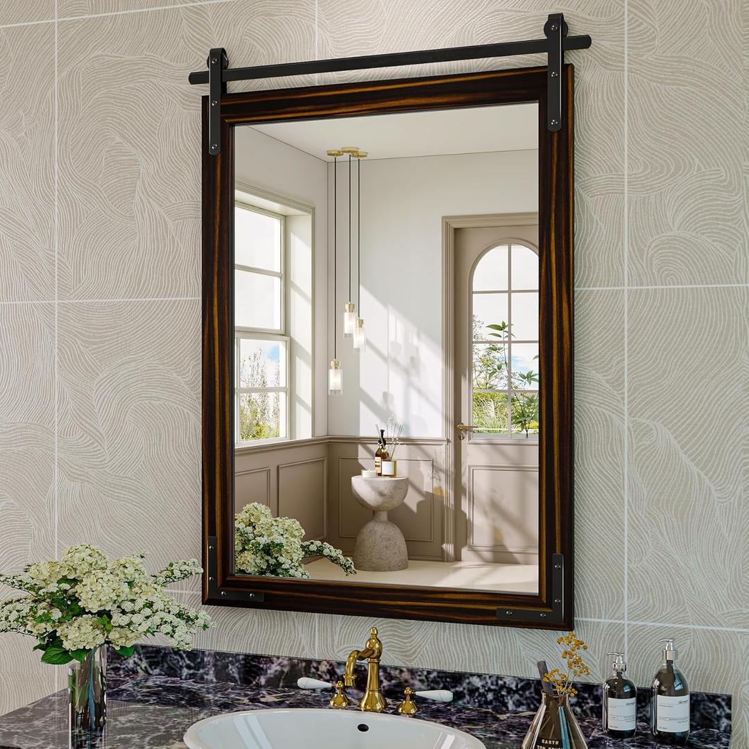 Farmhouse Bathroom Mirror, 24x36 Inch Black Brown Vanity Mirror for Wall, Wood Framed Rustic Mirror Rectangular Wall Decor Mirrors for Entryway Living Room Bedroom