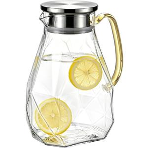 1.8L Glass Pitcher with Lid and Handle for Fridge Door, Borosilicate Glass Carafe for Hot/Cold Drink, Extra Large Water Pitchers for Iced Tea, Coffee, Beverage (Triangle Diamond) (EXP 12/31/36)