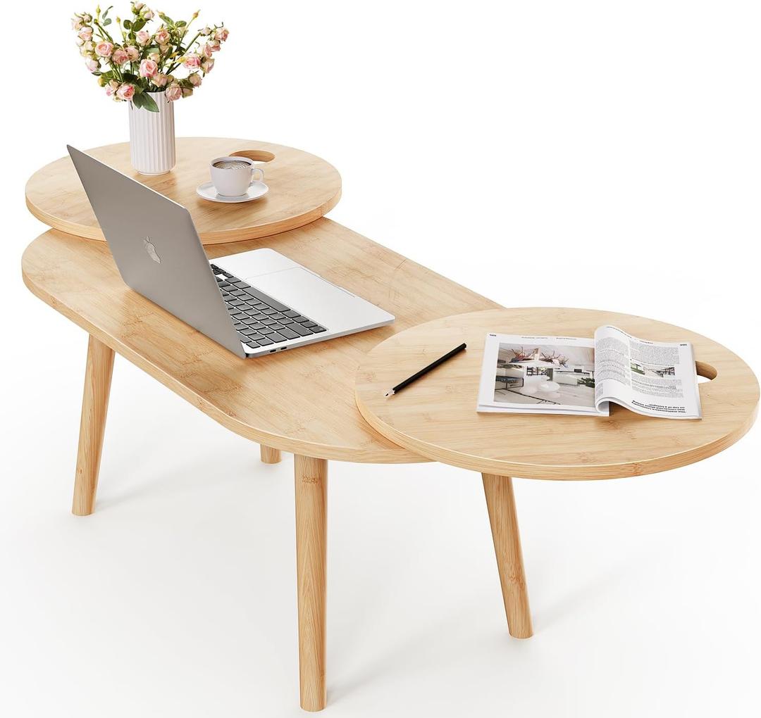 Innens Coffee Table,Modern Coffee Table for Living Room,Rotatable Small Round Nesting Tables Built in Holder,Expandable Bamboo Mid Century Oval Home Furniture for Apartment,Office,Caravans