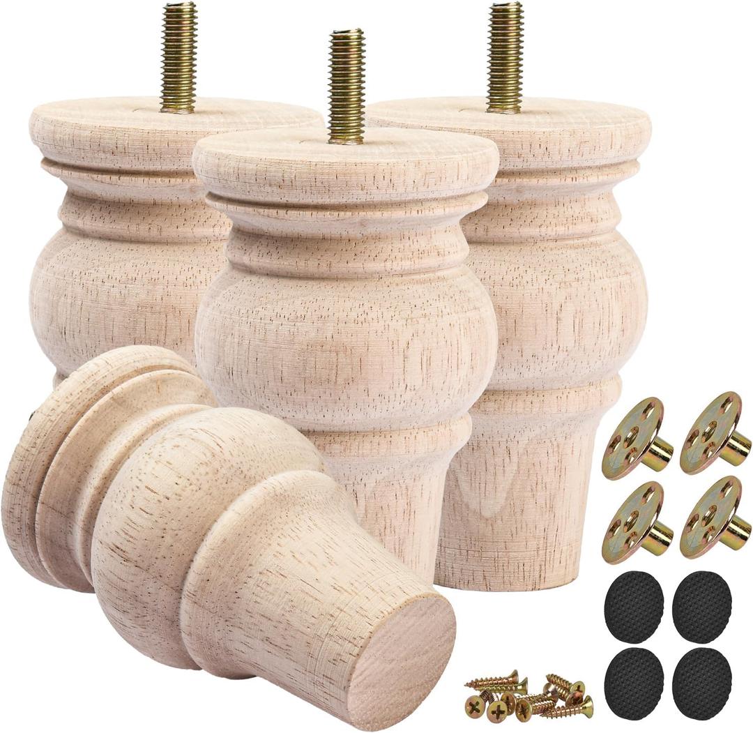 4 Inch Wooden Furniture Legs (10cm) Set of 4 Solid Hardwood Replacement Bun Feet for Sofa, Couch, Chair, Ottoman, Dresser, Cabinet, Coffee Table - M8 Predrilled Screw Holes (Unfinished)