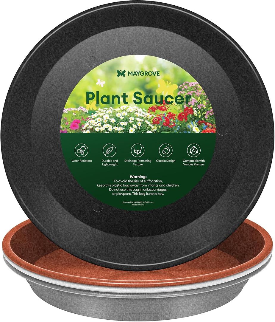 Maygrove 4 Pack Plant Saucer, 8 10 12 inch Plant Saucers for Indoor, Heavy Duty Plastic Plant Trays for pots, Grow Bags, Bird Baths, Flower Drip Trays for Indoor and Outdoor Uses (12", 4 Colors)