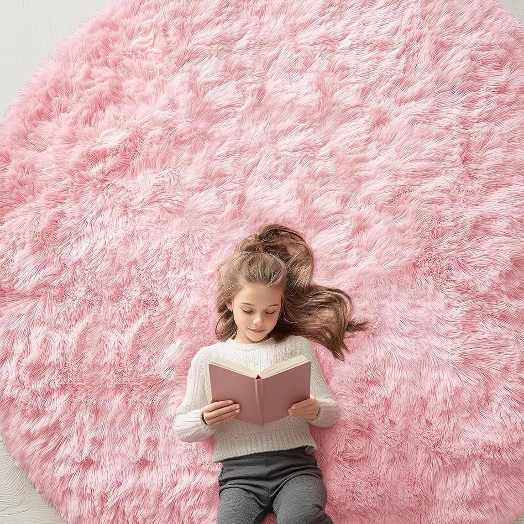 Pink Round Rugs for Bedroom - Machine Washable, 8x8 Feet Circle Area Rugs for Living Room, Soft and Fluffy Shaggy Carpet for Teen Girls and Boys, Dorms, Nursery Rooms, Home Decor Aesthetic