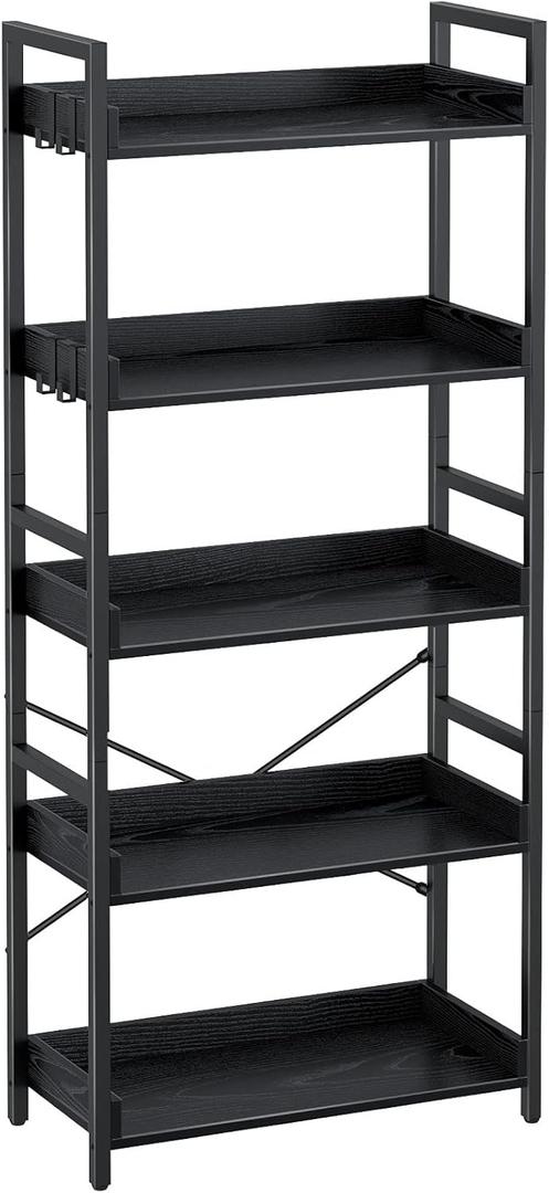 Rolanstar Bookshelf 5 Tier with 4 Hooks, Industrial Wood Bookcase, Vintage Storage Rack with Open Shelves, Rustic Standing Bookshelves Wood Frame Display Rack for Living Room, Bedroom, Black