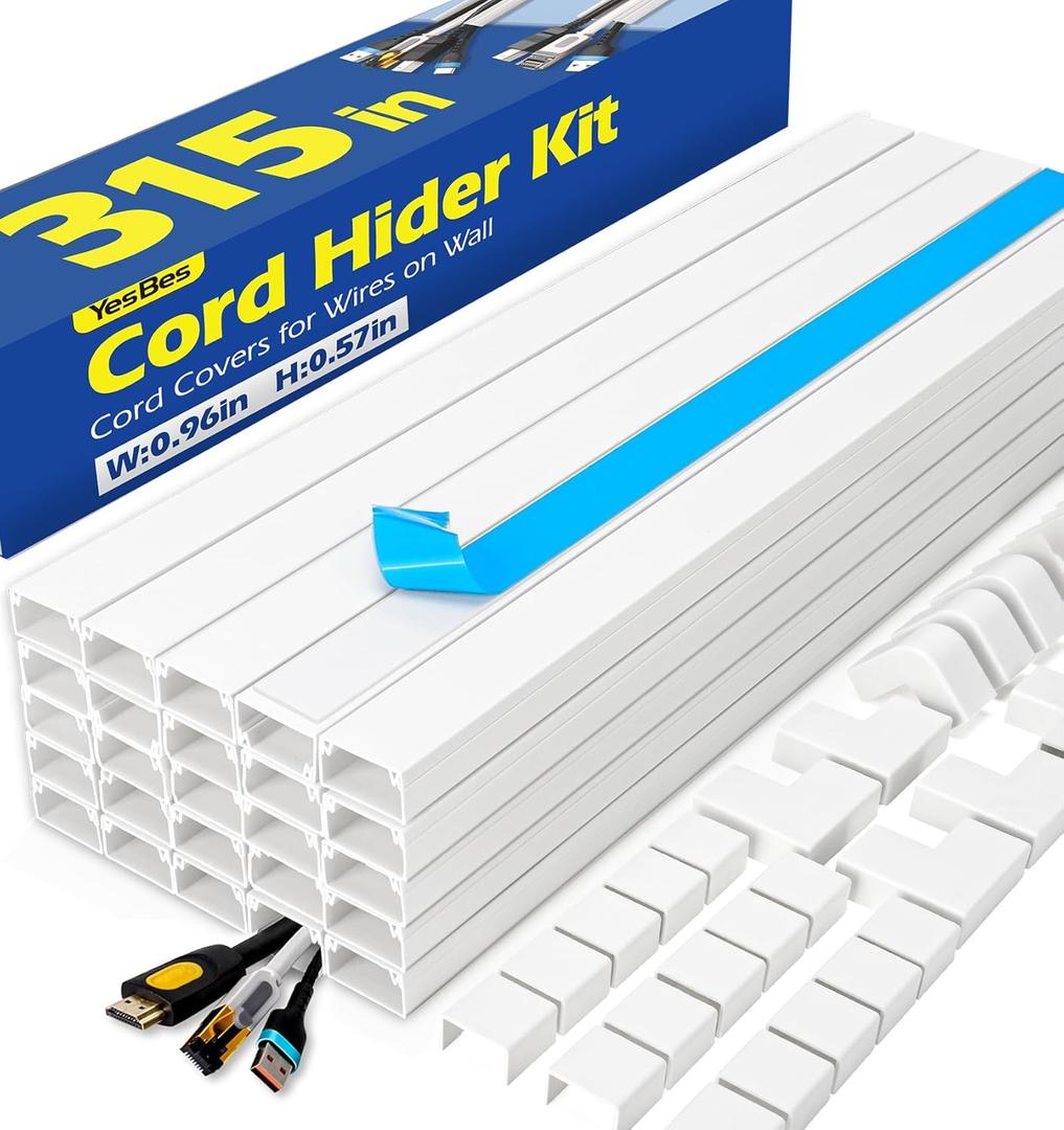 315in Cord Hider Kit, Paintable Cable Raceway, Cord Covers for Wires on Wall, Cord Hider for Wall Mount tv, tv Cable Hider Wall kit, Wire Covers for Cords, 20X L15.7in X W0.96in X H0.57in, White