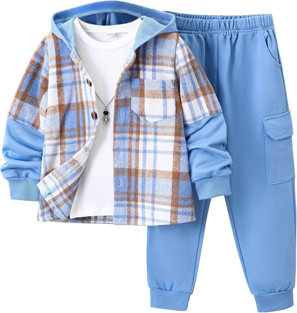 Fdqin Boys Clothing Set 2 Piece Outfits Pants Sets Cute Flannel Plaid Shirt Hoodie Shirt and Casual Sweatpants Blue 5-6Years