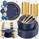WDF Partyware 350PCS Navy Blue and Gold Plastic Plates with Rolled Napkins Include Dinner Plate 10, Dessert Plate 7, gold Cups 9 OZ, Pre Rolled Napkins for Birthday/Wedding/Party/Graduation