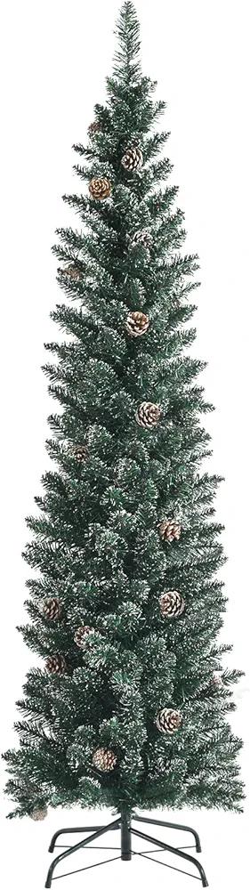 HAPPYGRILL 6 Feet Slim Pencil Christmas Tree, Snowy Artificial Xmas Tree with 267 PVC Branch Tips & 31 Pine Cones, Festival Celebration Tree for Home Office & Shop