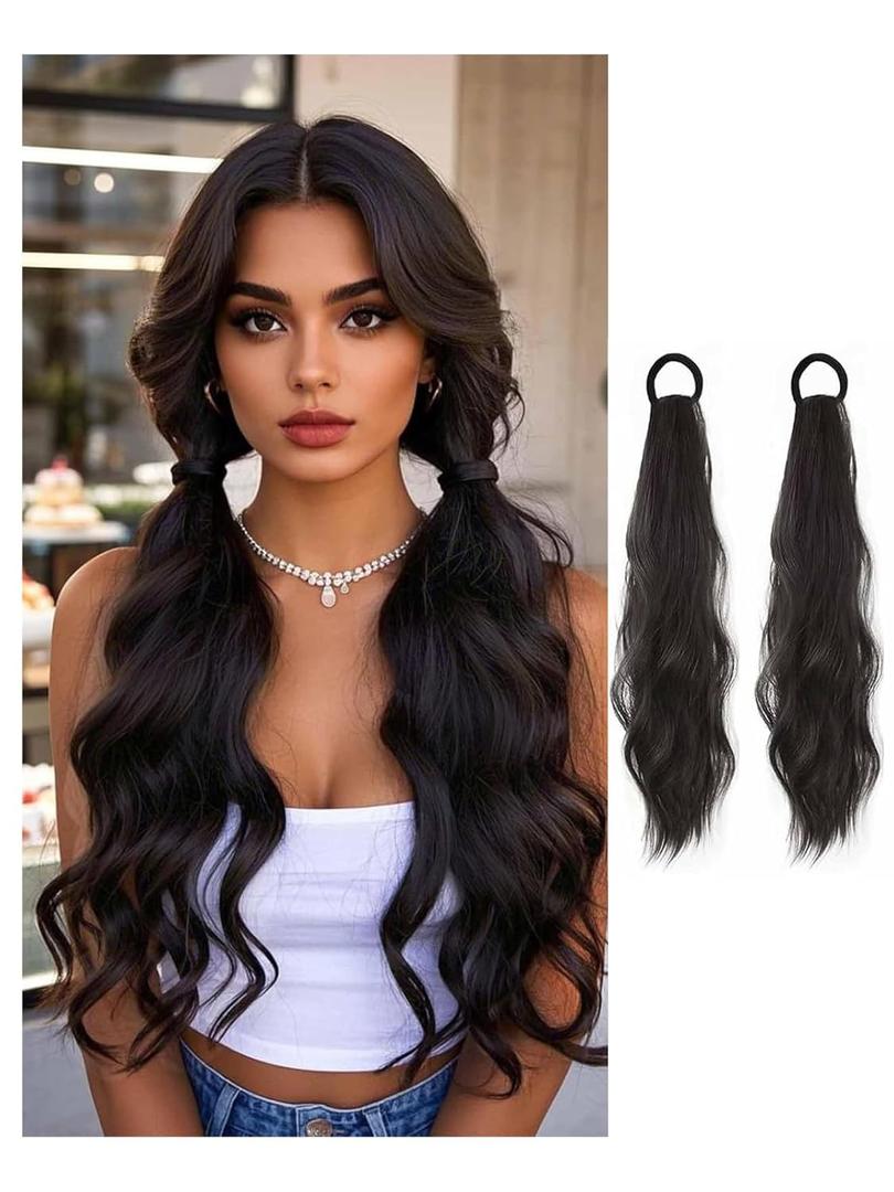2PCS Curly Ponytail Extension with Elastic Tie 17 Inch Resistant Synthetic Natural Wavy Hairpiece Pony Tail Hair Extensions Wave Fake Ponytail Hairpieces for Women Daily WearNatural Black