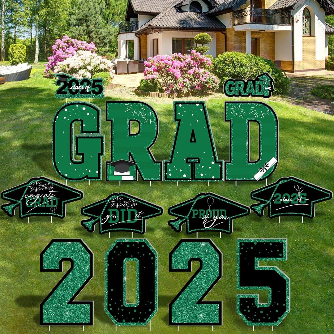 14 PCS Graduation Outdoor Decor, Green Glitter Congratulations Graduation Yard Signs with Stakes, Plastic Congrats Grad Yard Stakes, Large Grad Cap College High School Outdoor Lawn Decorations