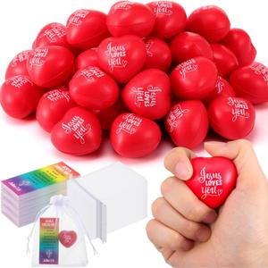 Zubebe 24 Sets Christian Jesus Loves You Heart Stress Balls Gifts Sets with Jesus Cards and Organza Bags 1.57 Inch Religious Motivational Relief Balls Bible Toys Baptism Gifts Easter Basket Stuffers