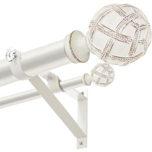 1 Inch Heavy Duty Adjustable Double Curtain Rod for Windows 48 to 84 Inches - Weathered White Boho Farmhouse Double Curtain Rod with Decorative Finials - for Living Room, Bedroom, Easy to install