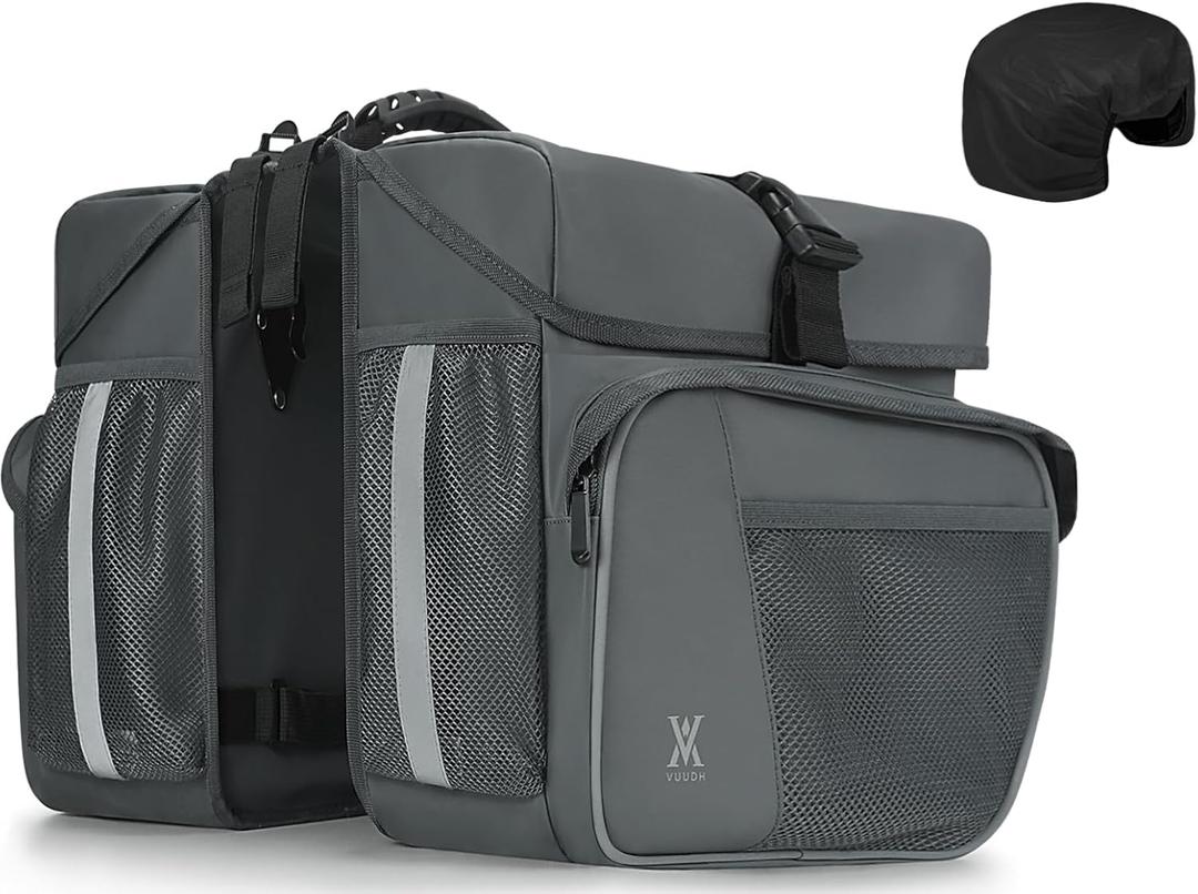 Waterproof Double Panniers Bag - 36L Saddle Bags for Rear Rack Bicycles with Safety Reflective Strips, Bicycle Commuting Pannier Fit Most Bicycle Rack with Rain Cover (With Rain Cover, Grey, 36L)