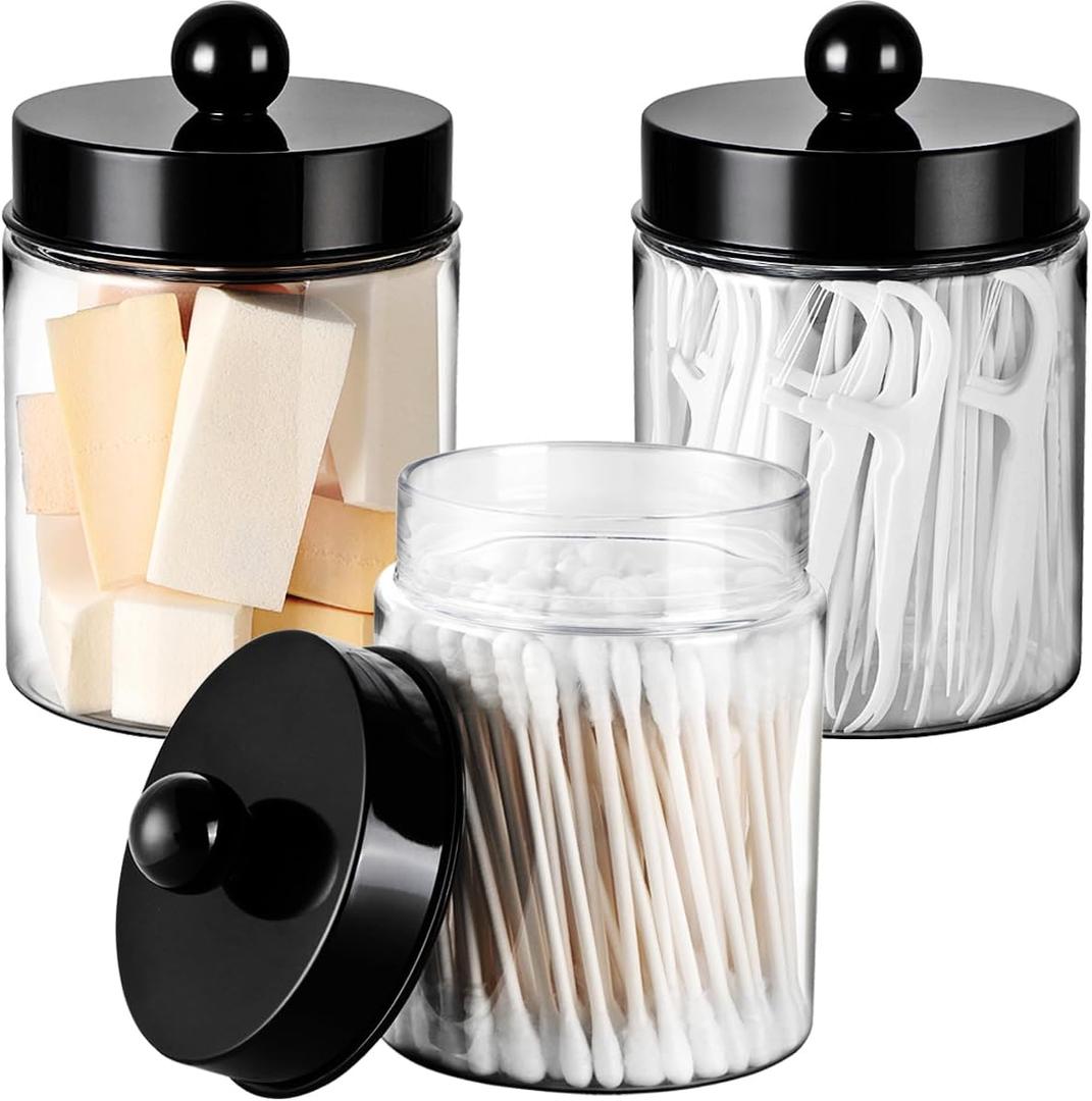 3PC Farmhouse Decor Qtip Holder Apothecary Jars Bathroom Vanity Storage Organizer -Countertop Canister Container &Cute Stickers for Cotton Swab, Ball,Pad,Floss ,Paper Clips (BlackPlastic)