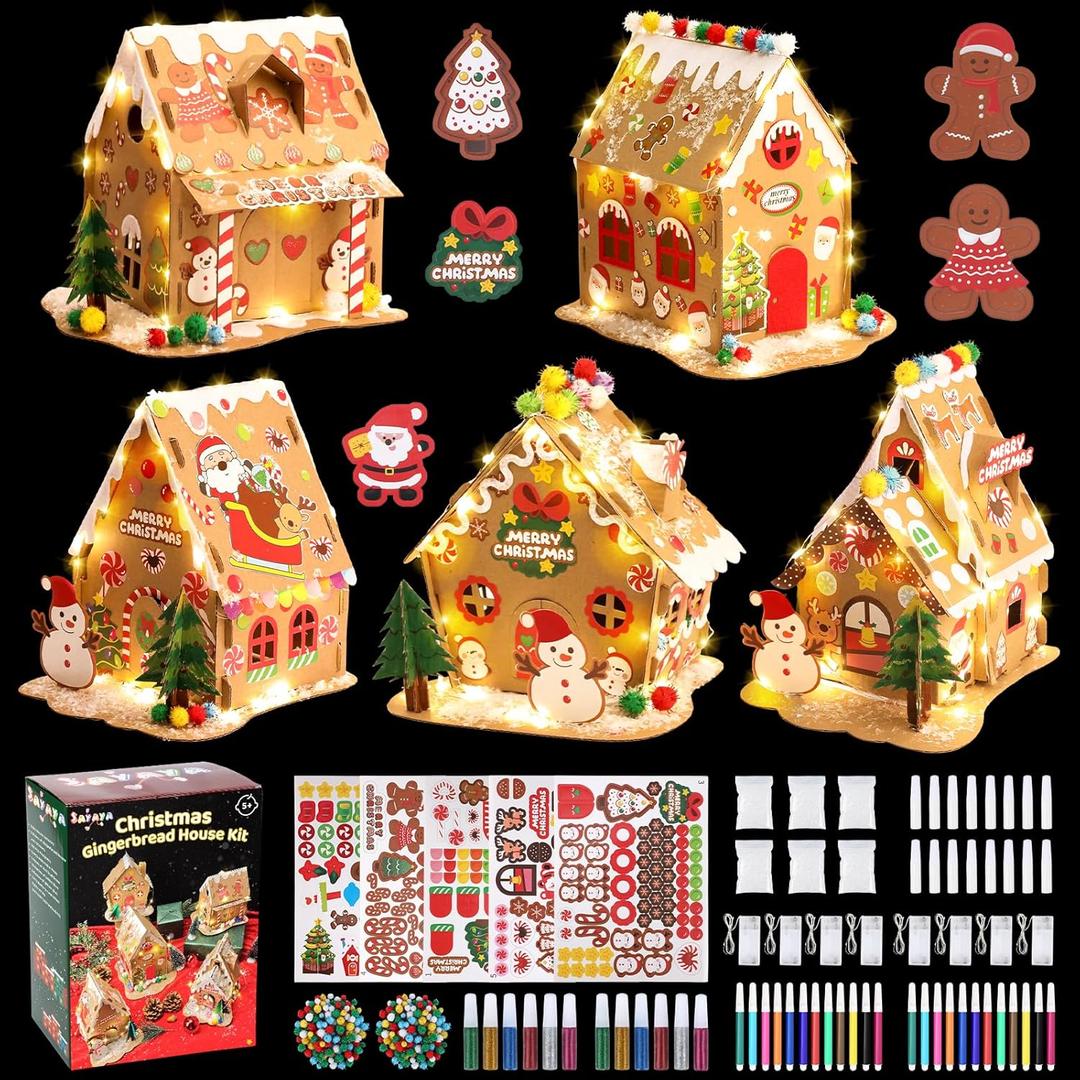 SAYAYA 5 Sets LED Cardboard Christmas Gingerbread House Kits Bulk DIY Your Own Christmas Gingerbread House with Pom Poms, Stickers, Light Strings, Pens Craft Kit for Xmas Holiday Party Decorations