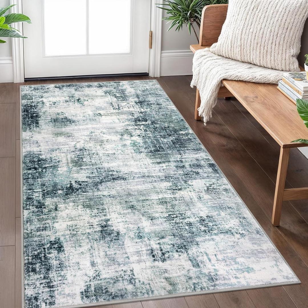IOHOUZE Abstract Area Rug 3x5 Ft Washable Rugs for Entryway Indoor, Non Slip Kitchen Rug Printed Faux Wool Throw Rugs with Rubber Backing, Indoor Door Mat for Entrance Foyer Living Room, Sage Grey