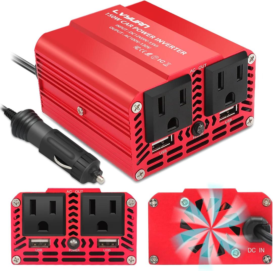 Yinleader 150W Car Inverter DC 12V to 110V AC with 2 USB Ports Power Converter with 2 AC Output Car Charger