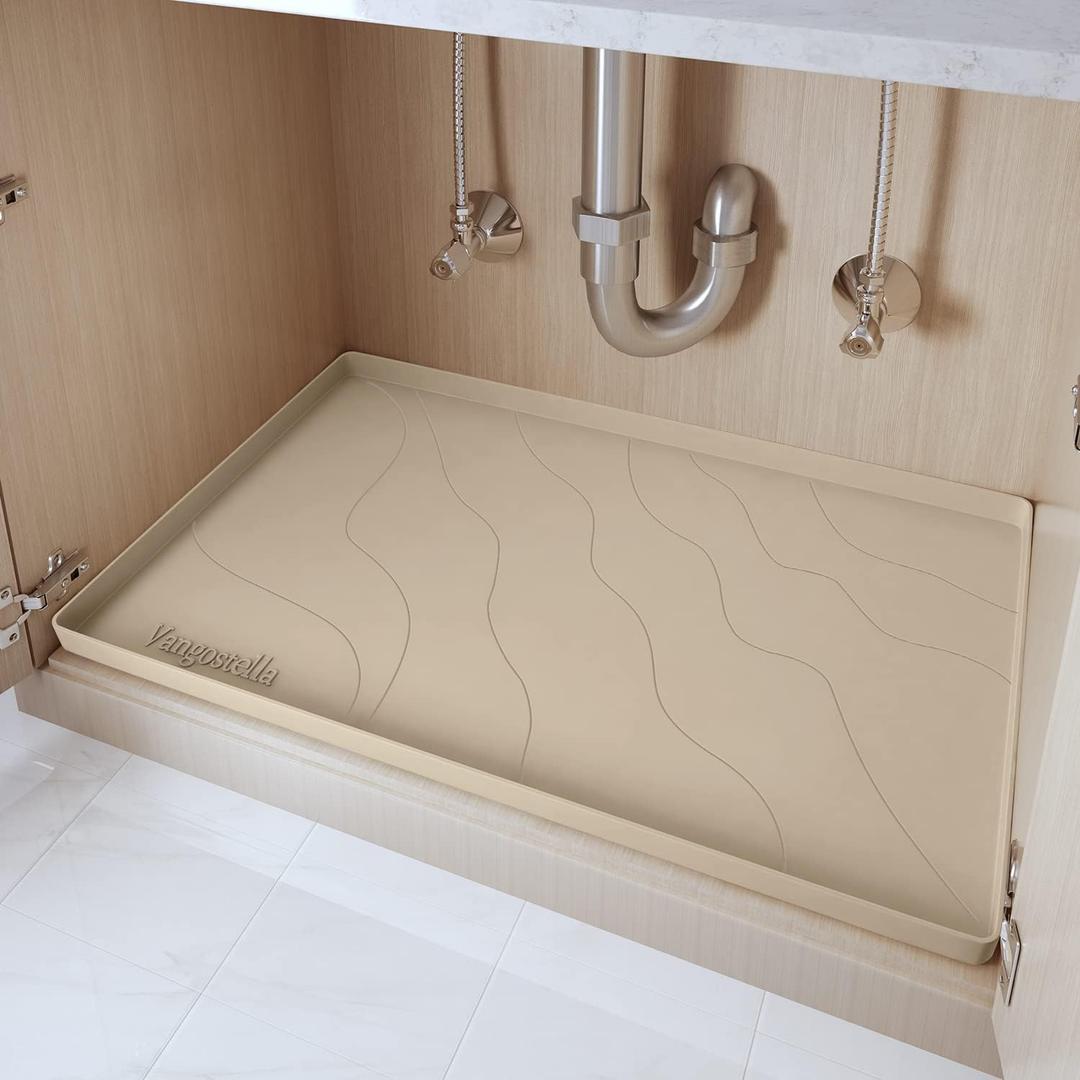 Heavy Duty Under Sink Mat, 28" x 22" Silicone Waterproof Mat, Extra Thick Under Sink Liner, Kitchen Bathroom Cabinet Mat and Protector for Drips Leaks Spills, Taupe (Beige)