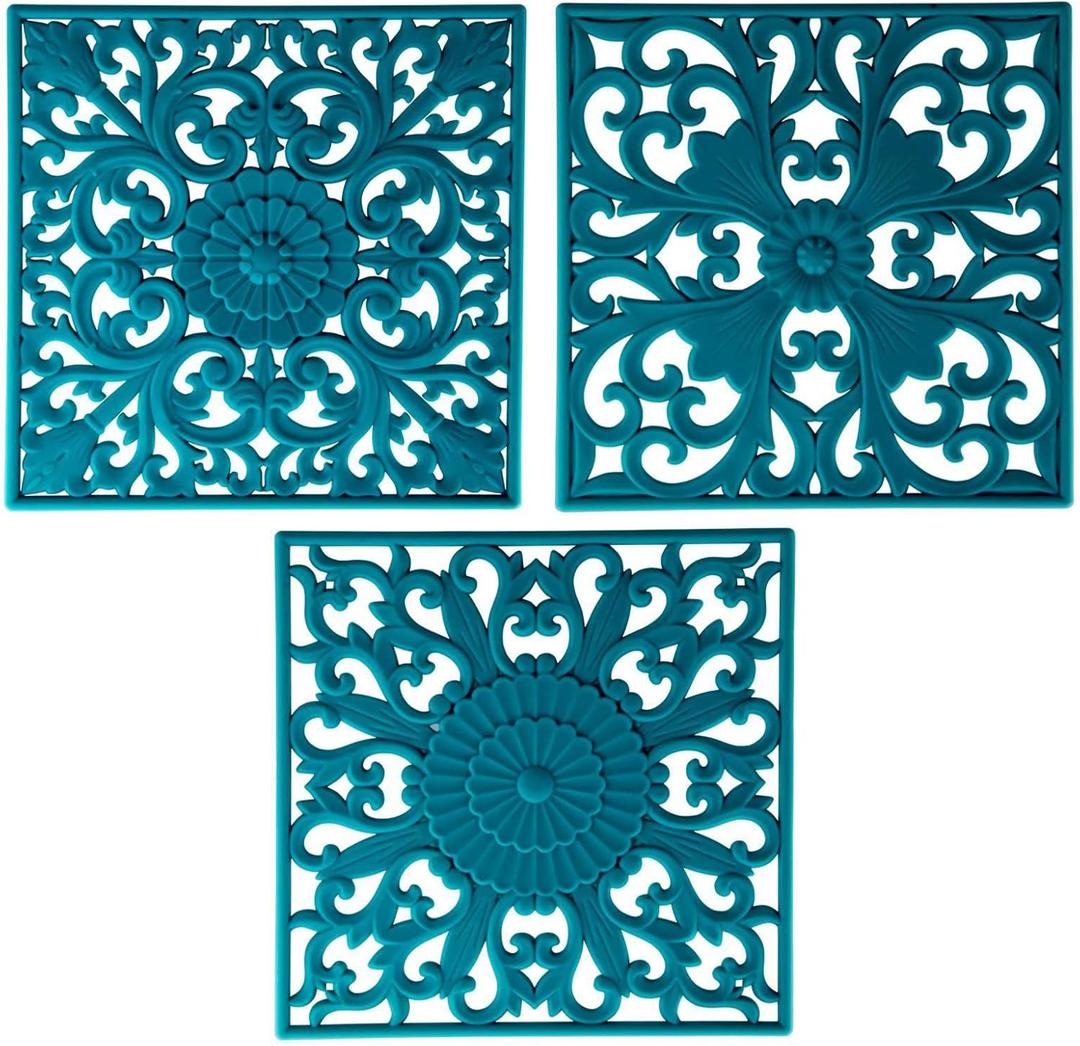 Silicone Trivets Mats for Hot Pots and Pans, Square Microwave Non Slip Mat for Table or Counter, Multi-Use Carved Hot Pads and Mats, Heat Resistant Big Teapot Coaster Set of 3 Teal
