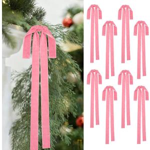 8PCS Velvet Christmas Bows, 23.6 x 15.7 Inches Christmas Velvet Bows, Large Vintage Pre Tied Velve Bow Ornaments for Xmas Staircases Wreaths Fireplaces Xmas Indoor Decoration (Pink)